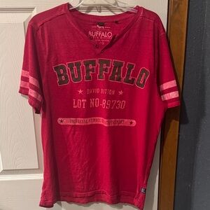 Buffalo David Bitton Red Logo Button Up T Shirt With Striped Sleeves